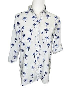 Chico's White Blue Palm Tree Linen Blend Roll Tab Button Down Blouse Size 1 Med